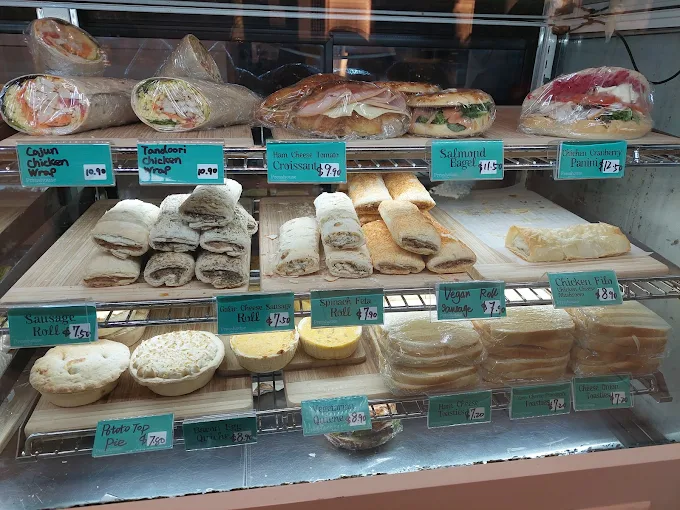 Fresh pastries and sandwiches in the cabinet